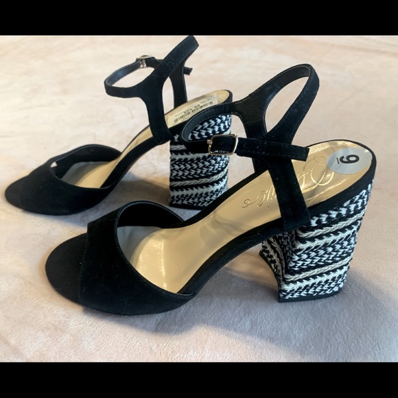 Shoes - Woman’s Black Patterned Block Heels